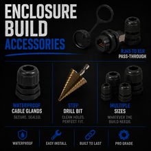 Load image into Gallery viewer, Mattos Designs Enclosure Build Accessories – Waterproof Cable Glands, Step Drill Bit, and RJ45 to XLR Pass-Through for Seamless Installation
